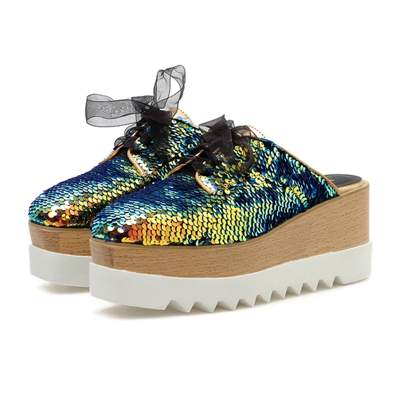

Womens Shoes Casual Platform Wedges Shoes Fashion Bling Sequin High Heel Sandals Women Square Toe Lace Up Platform Heels 7cm