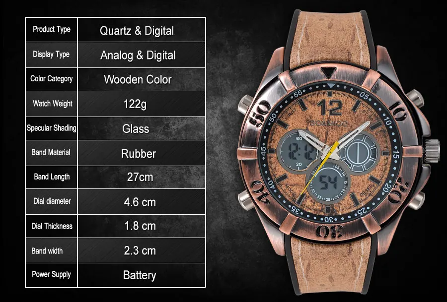 BOAMIGO Brand Vintage Punk Men's Watches Retro Wood Design Analog Digital LED Quartz Watch Waterpfoof 2 Time Zone Wristwatches (5)