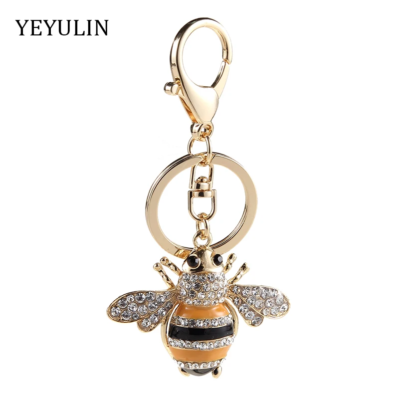 Trendy Cute Insect Crystal Bee Keychain Gold Color Enamel Woman Girls