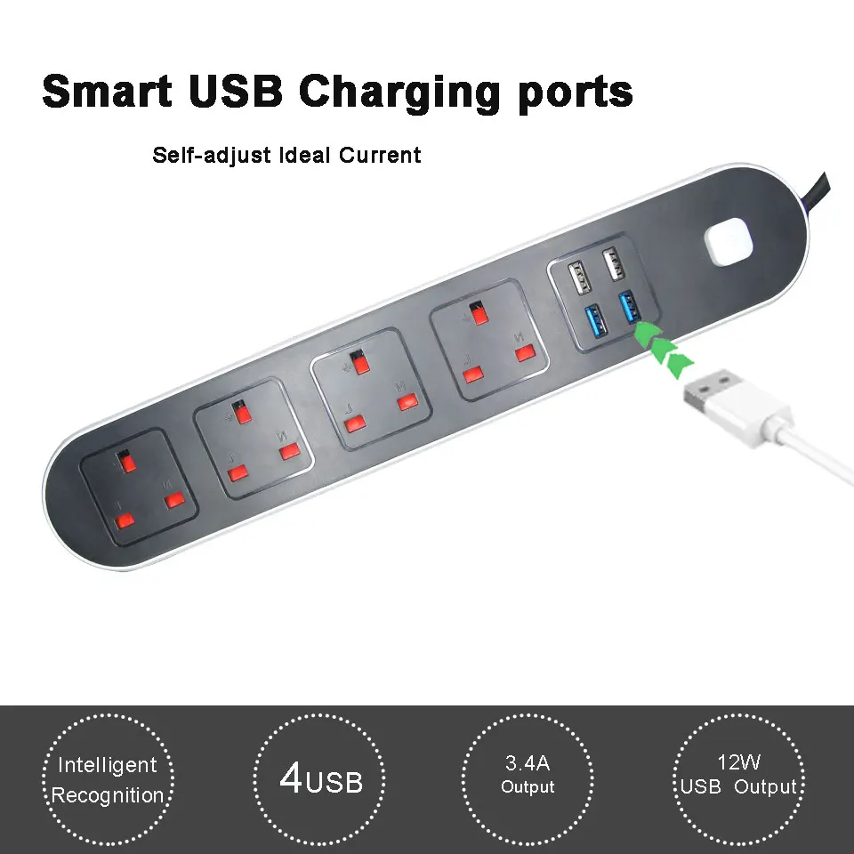 Великобритания 3 штыря вилка силовая полоса с переключателем плавленые 4 розетки 4 usb порта для зарядки AC электрическая розетка УДЛИНИТЕЛЬ шнур кабель 1,6 м