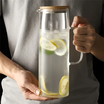 

1300ml Water Jug With Natural Bamboo Lid Teapot Borosilicat Glass Water Kettle Heat Resistance Juice Container Pot