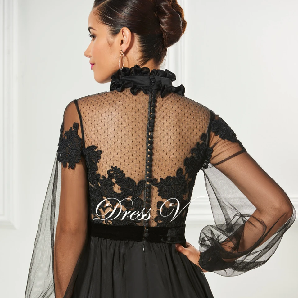 Dressv черное элегантное коктейльное платье с высоким воротом, длинные рукава, Аппликация Длина колена, свадебное вечернее платье, шифоновые коктейльные платья