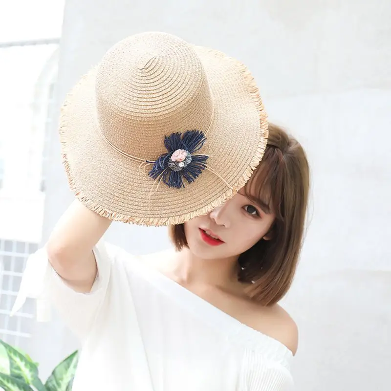 إمرأة الصيف الكورية القش قبعة للوقاية من الشمس بوهو الحلو قوس قزح الملونة بوم بوم الكرة مزين مهدب شرابات واسعة حافة شاطئ كاب