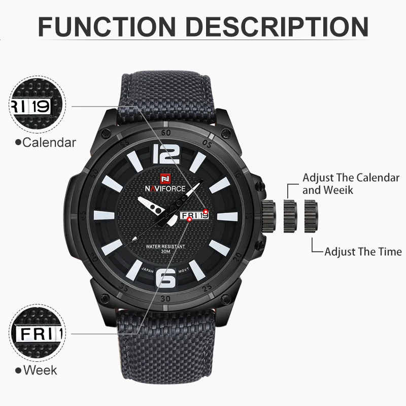 NAVIFORCE Mens Watches Top Brand Luxury Men Fashion Business Quartz Watch Male Nylon Strap Wristwatch with Date and Week Display