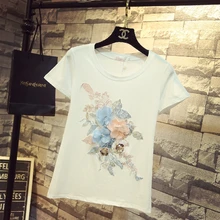 Летняя футболка Женская Корейская Новая мода вышивка цветок с коротким рукавом Футболка женские белые футболки универсальные базовые Топы