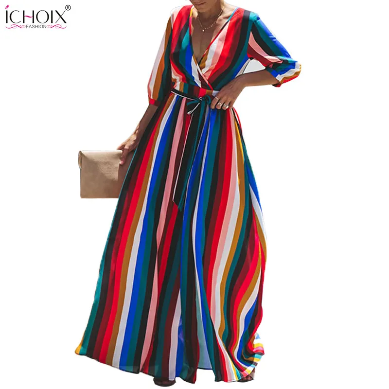 

2019 Autumn Women Long Dress Sexy Split V neck Striped Female Maxi Chiffon Dress Bandage Bohemian Party Floor Length Wrap Dress