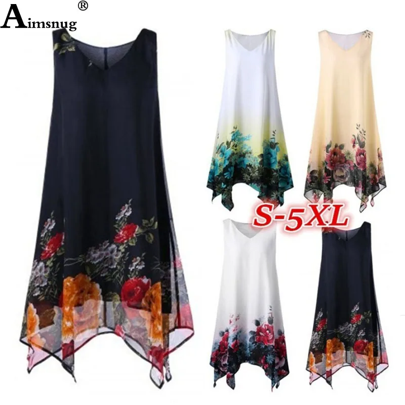 

Plus size 4xl 5xl Boho Red V-neck Flower Print Summer Women Dress sleeveless Lady dresses Irregular Casual Female The Dress