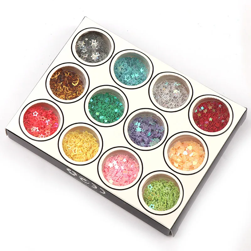 

12Pcs/Box Mix Colors Style Nail Art Glitter Powder Five-point Star Heart Design Acrylic Gel UV Decoration Manicure Tools