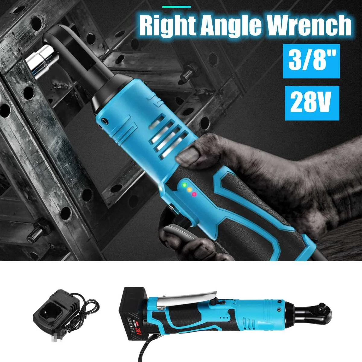 

28V 3/8'' 60Nm Electric Cordless Ratchet Right Angle Wrench Tool Set 1x Battery