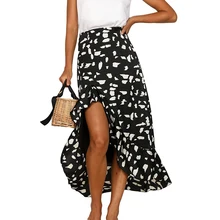 Летние Для женщин оборками для девочек; модная одежда; юбка Высокая Талия пляжная юбка в стиле бохо черный, белый цвет печати свободные платья миди юбка куртка Femme