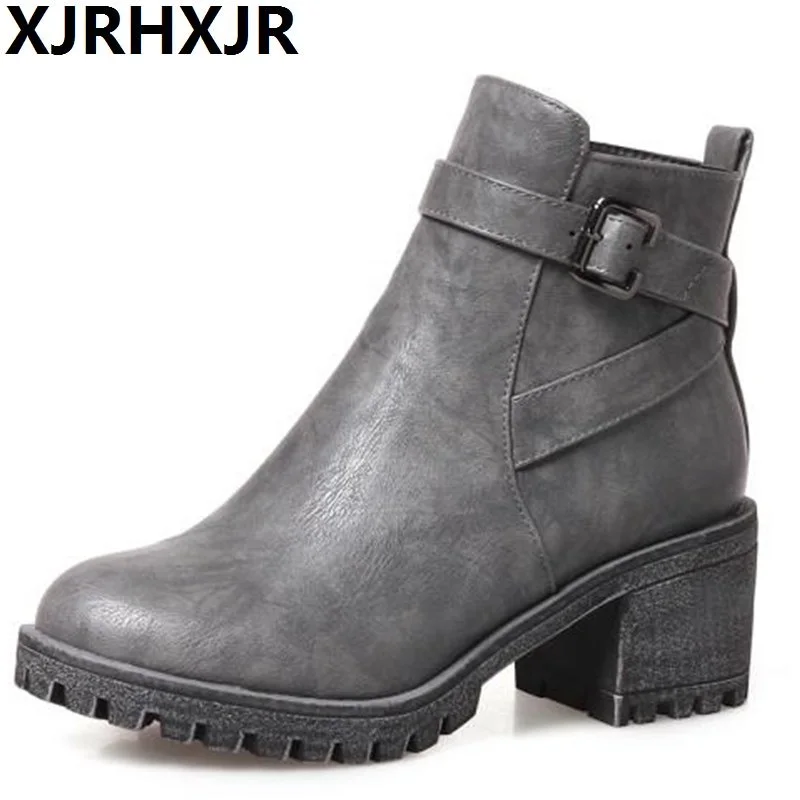 

New Fashion European Style Thick High Heel Black Ankle Boots Round Toe Zip Martin Boots PU Leather Woman Shoes British Style