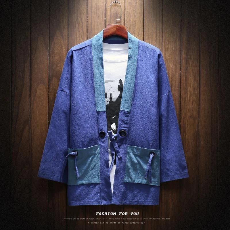 

MRDONOO Summer Japanese style kimono robe coat men loose large size seven points sleeve shirt retro Chinese style cardigan 8809