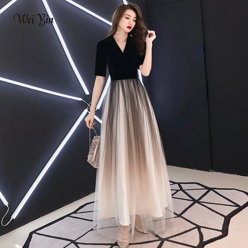 weiyin Black Long Evening Dresses Long 2019 Style Sexy Burgundy A-line Deep V-neck Velvet Special Occasion Party Gowns WY1228