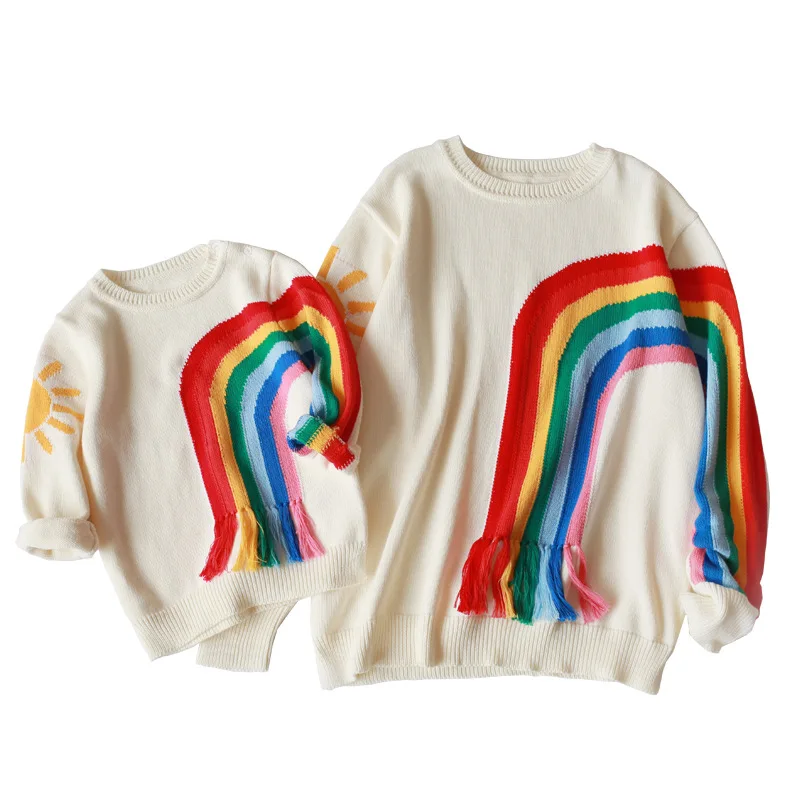 Family Matching Clothing Spring Winter Mother Daughter Son Clothes Rainbow Sweater Costume Sun Cloud Pattern Wool Knitting