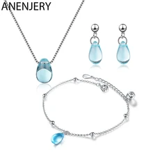 ANENJERY, 925 пробы, серебряные ювелирные наборы, синяя капля воды, слезы, ожерелье+ серьги+ браслет для женщин, подарок, летние ювелирные изделия