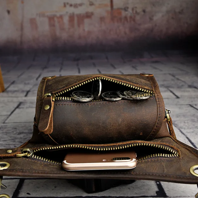 Crazy Horse Leather men Multi-function Design Small Messenger Bag Fashion Travel Belt Waist Pack Drop Leg Bag Pouch Male 211-4-d 3