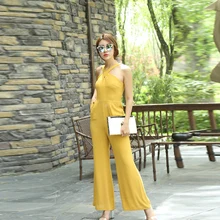 Women Summer Yellow Jumpsuit High Street Rompers Chiffon Elegant Party Full Length Wide Leg Jumpsuits Plus Size 3XL 4XL 2019 women summer jumpsuit party overalls rompers chiffon high street elegant gray color full length jumpsuits plus size 3xl 4xl
