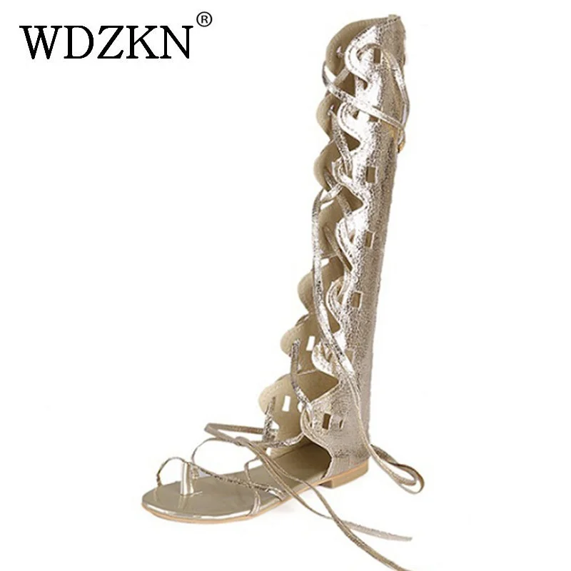 WDZKN new fashion women gold silver cross straps flat heel knee high gladiator sandals sandalia gladiadora plus size 34-43 WDZKN new fashion women gold silver cross straps flat heel knee high gladiator sandals sandalia gladiadora plus size 34-43