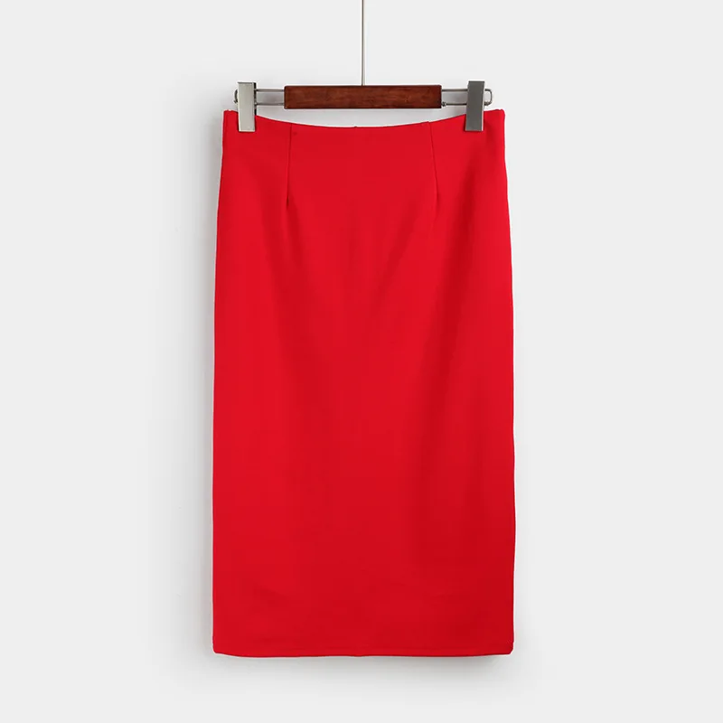 Юбки Женские миди юбки настоящая Империя полиэстер хлопок до середины икры стиль женские с высокой талией СПЛИТ бедра профессиональная юбка - Цвет: Красный