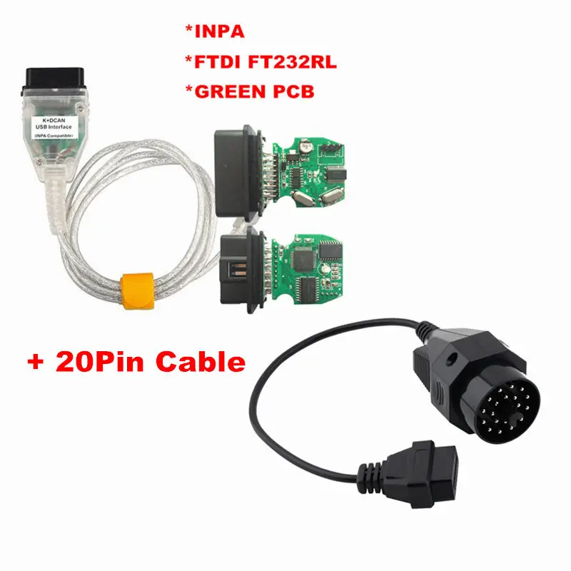 INPA K+ DCAN добавить OBD1 20Pin в OBD2 16Pin для BMW серии Green PCB FTDI FT232RL чип OBD2 USB кабель диагностический для BMW INPA K CAN - Цвет: RL NO SE ADD 20P