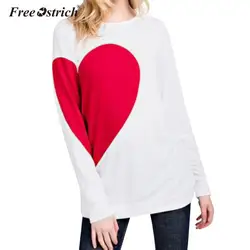 Бесплатная Страусиная белая рубашка женский Принт красное сердце длинный рукав Свободные женские Топы повседневные с круглым вырезом
