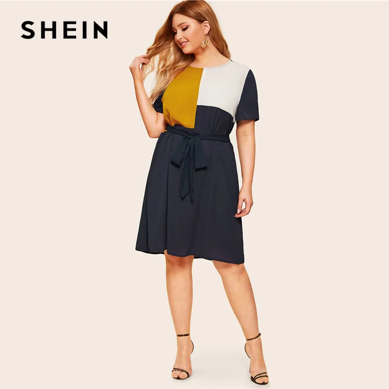 

SHEIN Plus Size Waist Belted Color Block Dress Women Summer Tunic Short Sleeve Keen Length Casual Plus Shift Dresses With Belt