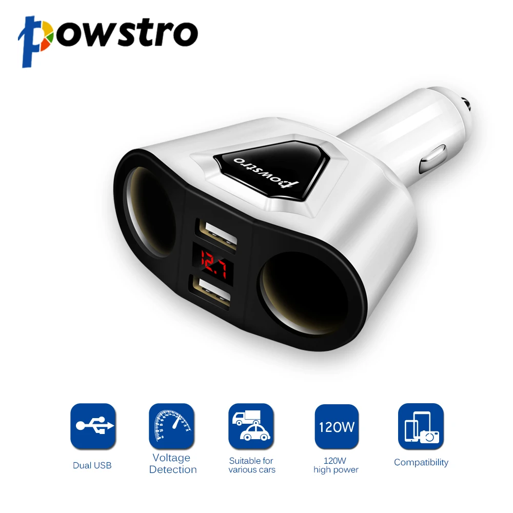 

Dual 3.1A USB Car Charger with 2 Cigarette Lighter Sockets 120W Power Support Display Current Volmeter for Phone GPS Dashcam DVR