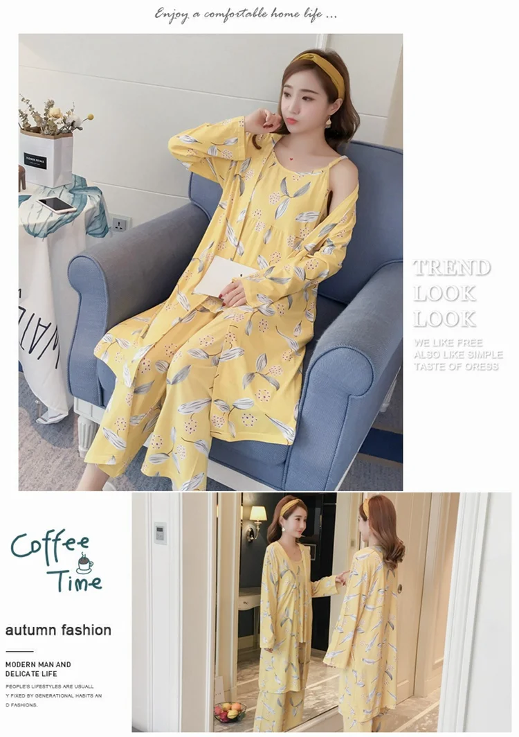 cute pajamas for women 2021 Autumn 3PCS Sexy Long Sleeve Robes Pajama Sets for Women Print Sleepwear Homewear Pijama Mujer Home Clothes Three Piece Set cute pjs