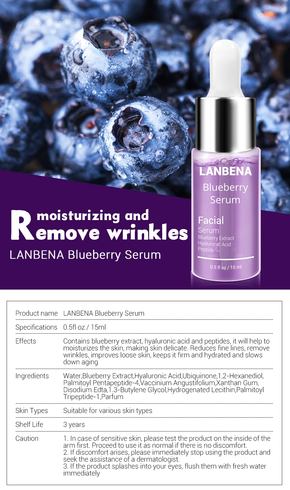 LANBENA Blueberry Hyaluronic Acid Serum Essence Oil Moisturizing Reduces Fine lines Whitening Anti-Aging Anti Wrinkle Skin Care