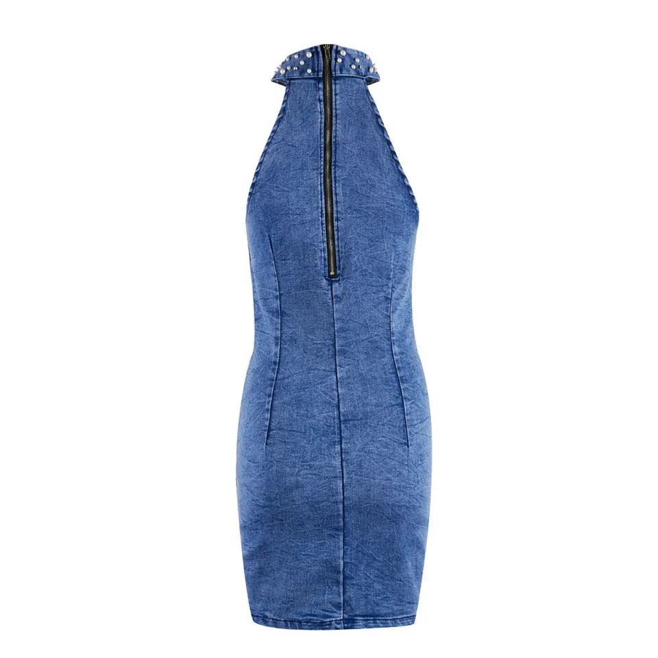 Женское джинсовое платье в стиле пэчворк, украшенное бусинами, с круглым вырезом, без рукавов, однотонное мини-платье, с вырезами, на молнии, дизайнерское женское летнее облегающее платье
