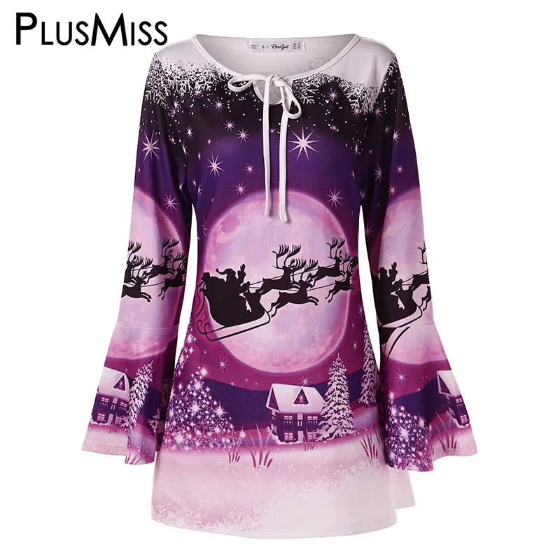 

PlusMiss Plus Size 5XL Christmas Printed Party T Shirts Women Big Size Bell Flare Sleeve Loose Tunic Tops Tees XXXXL XXXL XXL