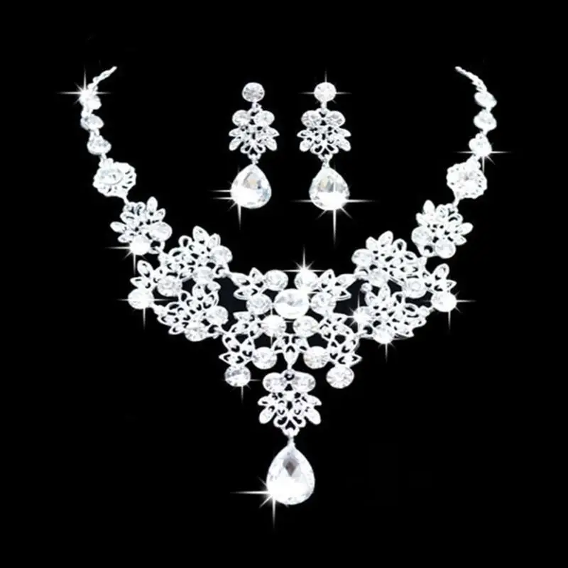

2Pcs/Set Women Fashion Jewelry Wedding Bridal Party Rhinestone Crystal Pendant Necklace Earrings Jewelry Sets