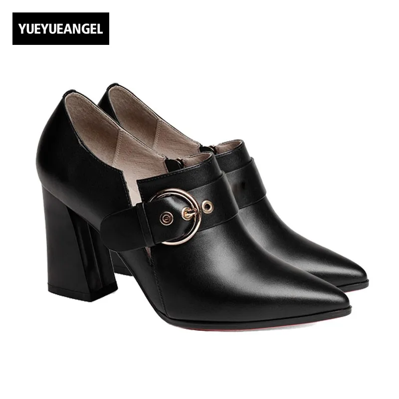 

Italian Genuine Leather Women Block High Heel Shoes Retro Pointed Toe Punk Pumps 2019 New Buckle Elegant Ladies Party Footwear