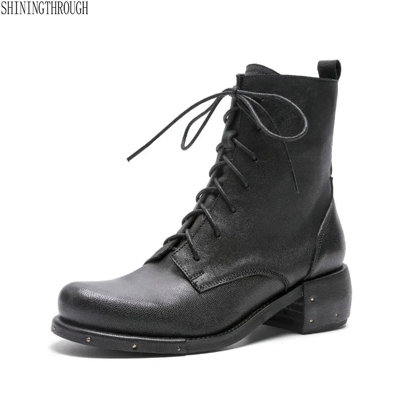 Boots Women 2019 Autumn Ankle Boots Genuine Leather Motorcycle Boots Fashion Lace Up Round Toe Shoes for Women size 41 42
