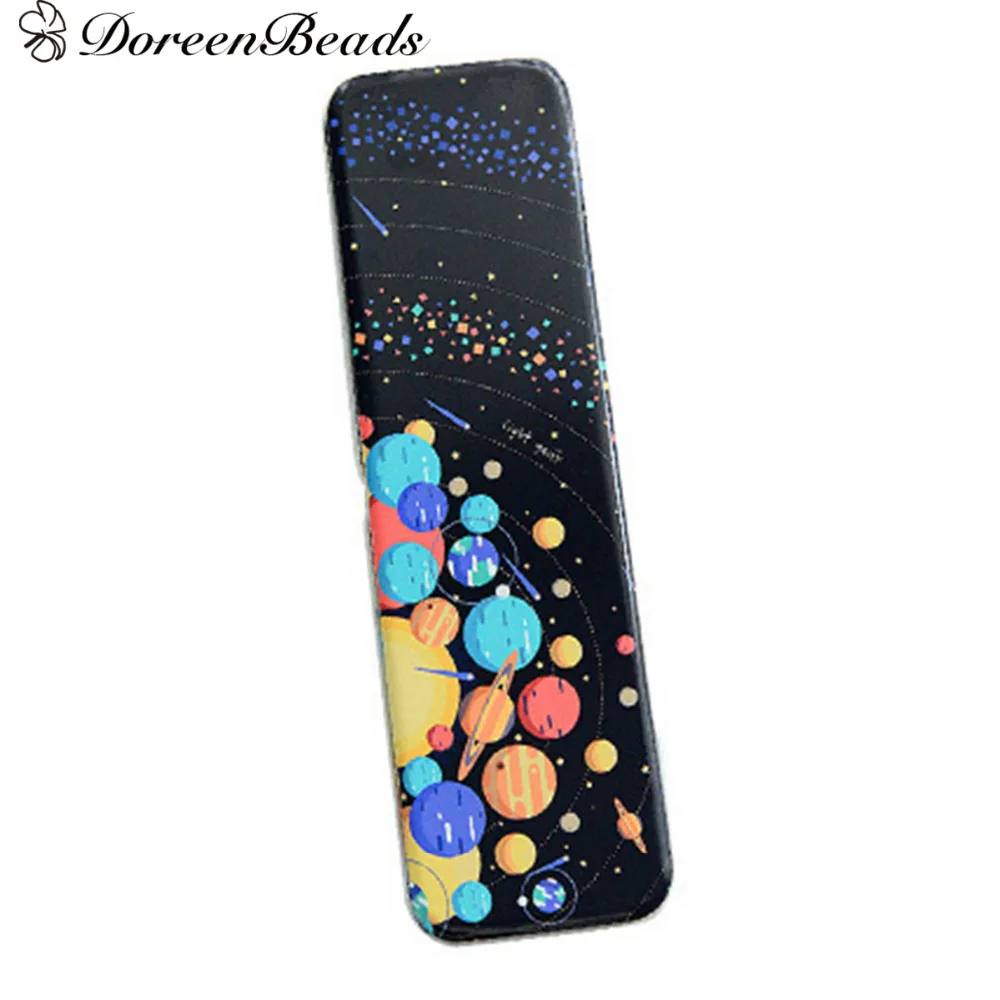 

DoreenBeads Black Iron Pencil Box Rectangle Fantasy Space Pattern Creative Gift For Children School Supplies 20cm x 6cm, 1 Piece