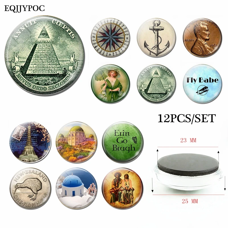 

12pcs 25mm Tourist Souvenir Set Fridge Magnet Eye of Providence Santorini Native American Compass Glass Refrigerator Magnets