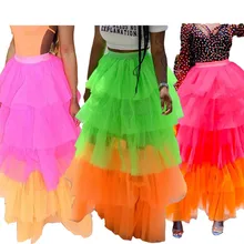 women summer cascading ruffles splicing high waist mesh fringed skirt casual lady party club maxi tiered skirt GLYWJR0654