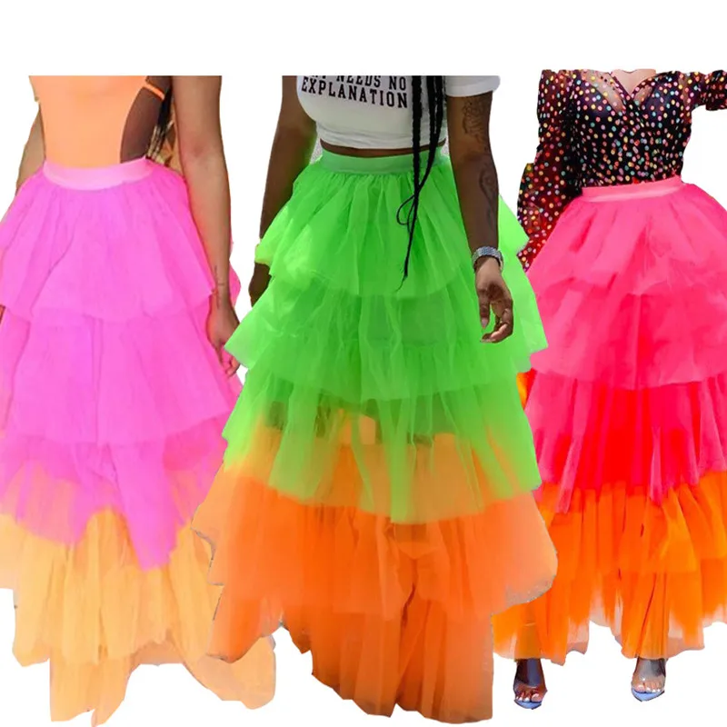

2019 women summer cascading ruffles splicing high waist mesh fringed skirt casual lady party club maxi tiered skirt GLYWJR0654