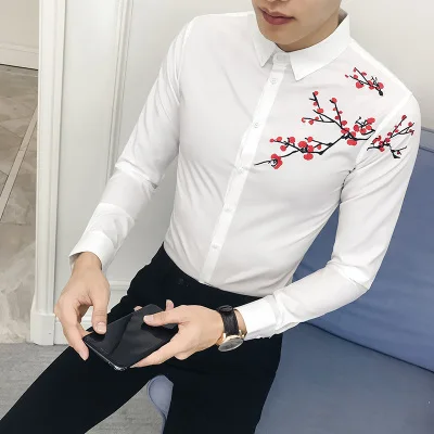 Корейский смокинг, мода, Стильная мужская рубашка с вышивкой, облегающая, длинный рукав, подходит ко всему, уличная одежда, рубашки для мужчин, s Повседневный смокинг для выпускного вечера - Цвет: Белый