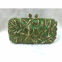 8276GN Green Crystal Flower Floral Lily Bridal Party hollow Metal Evening purse clutch bag case box handbag