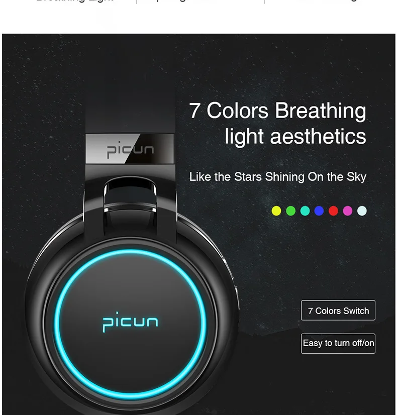 Picun беспроводные наушники Bluetooth наушники Поддержка 7 цветов Светящиеся 24 часа работы mp3-плеер с микрофоном для телефона ПК
