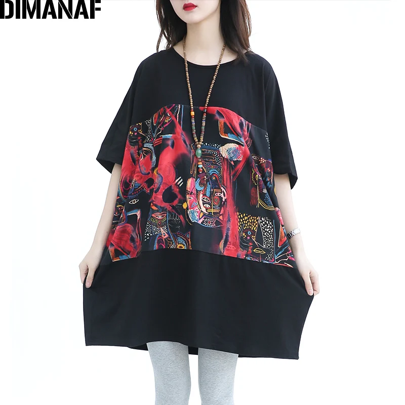 DIMANAF Women Plus Size T-Shirt Cotton Summer O-Neck Pattern Batwing Sleeve Print Patchwork Female Casual Oversize Loose T-Shirt