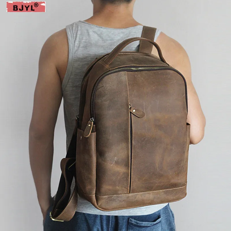 BJYL Genuine leather Men Backpacks Retro Crazy Horse Leather Men's business Laptop shoulder bag Leisure Travel computer Backpack