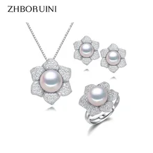 Мода zhboruini, ювелирный набор с жемчугом, натуральный пресноводный жемчуг, кольца, ожерелье, серьги, 925 пробы, серебряные ювелирные изделия для женщин, подарок