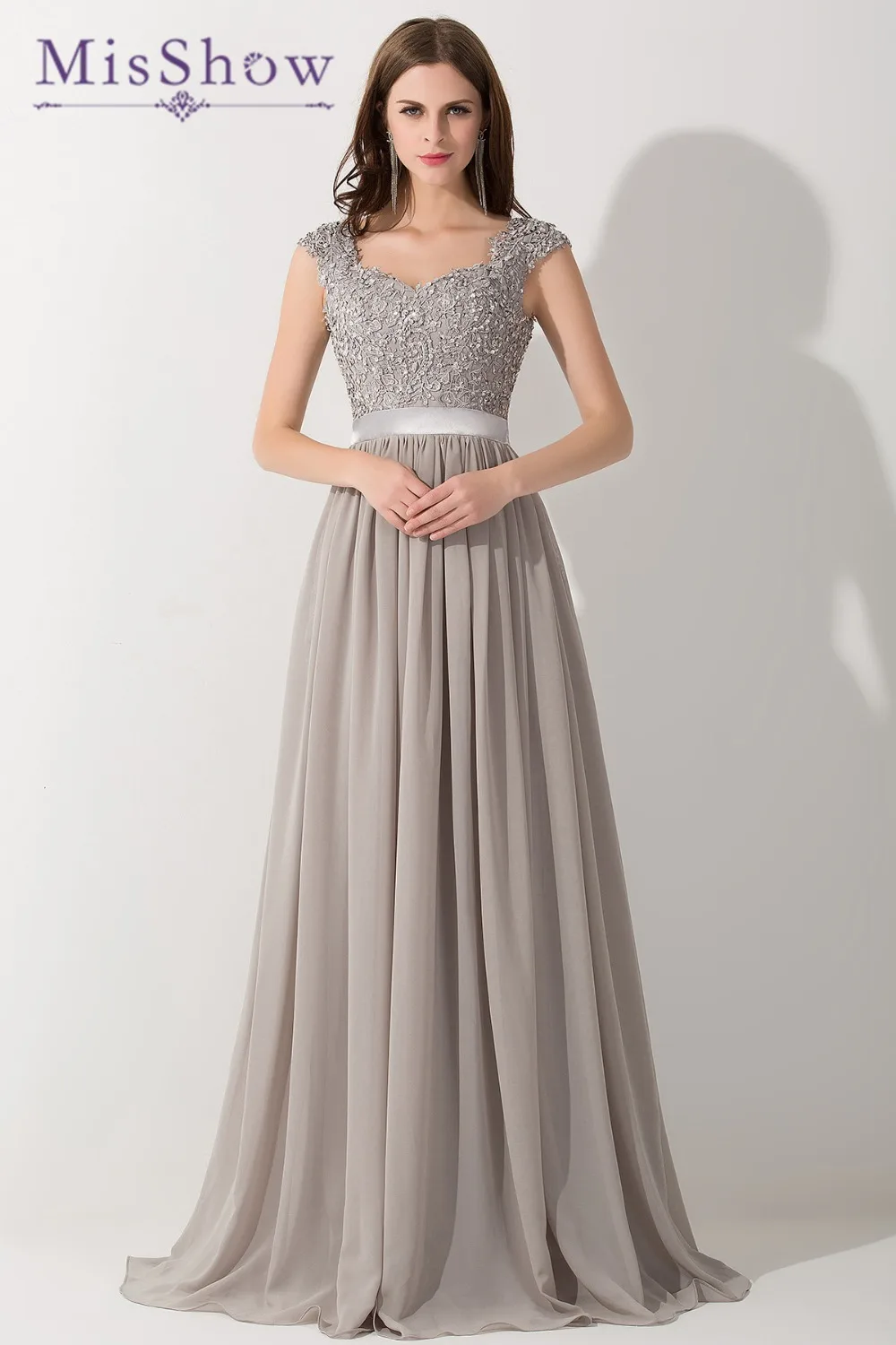2019 New Long Evening Dresses Gray Chiffon A Line Beaded Lace Bodice Elegant See Through Back Vestido De Fiesta