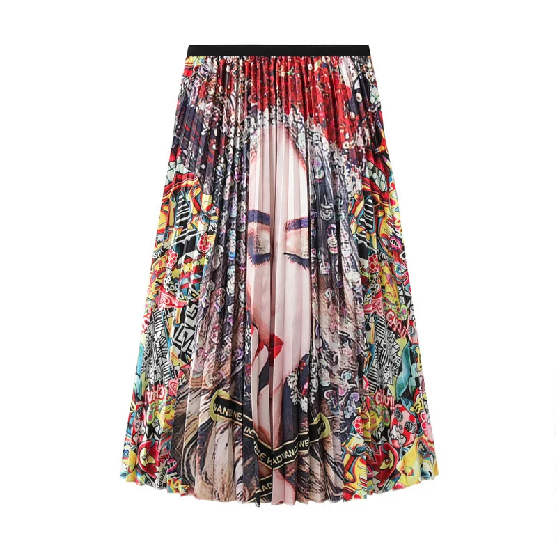 

Woman Cartoon Printing Long Pleated Skirt 2019 New Spring Summer Woman Vintage Elastic High Waist Long Maxi Skirt Streetwear