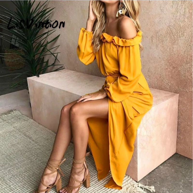 

LisVintion Women Slash Neck Summer Beach Dress Boho Vintage Floral Print Maxi Long Dresses Robe Femme Bohemia Dress