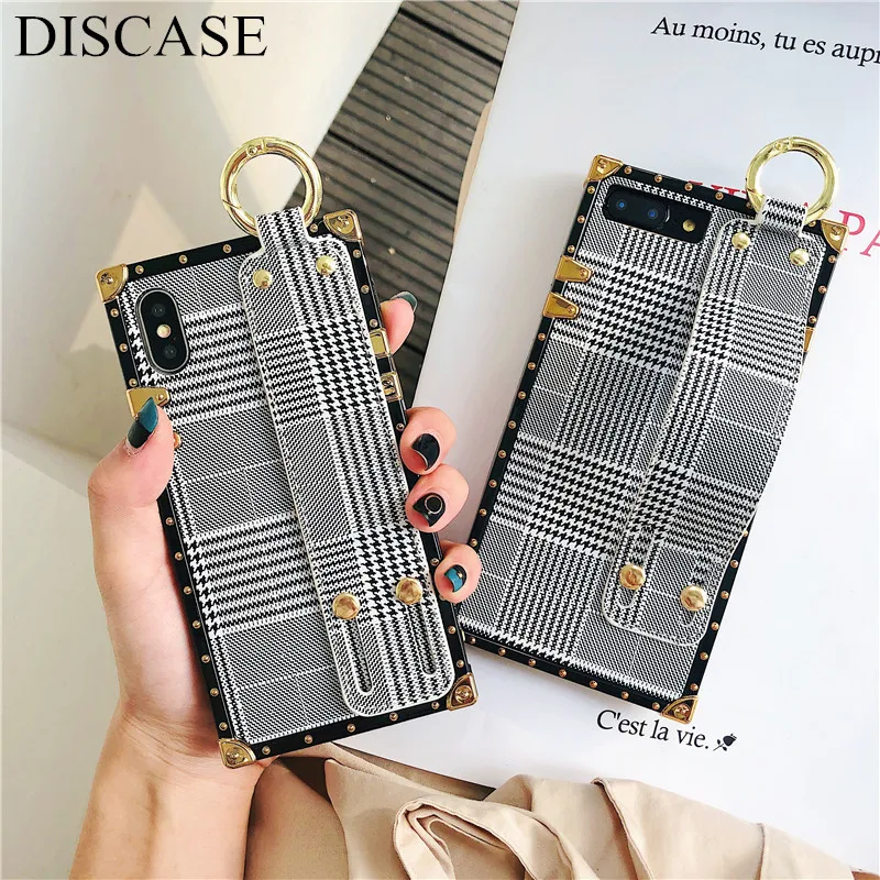 

DISCASE Square Fashion Plaid Wrist Strap Phone Case For iphone 8 7 6 6s plus X XR XS XS MAX Bracket Gold Corner All-inclusive