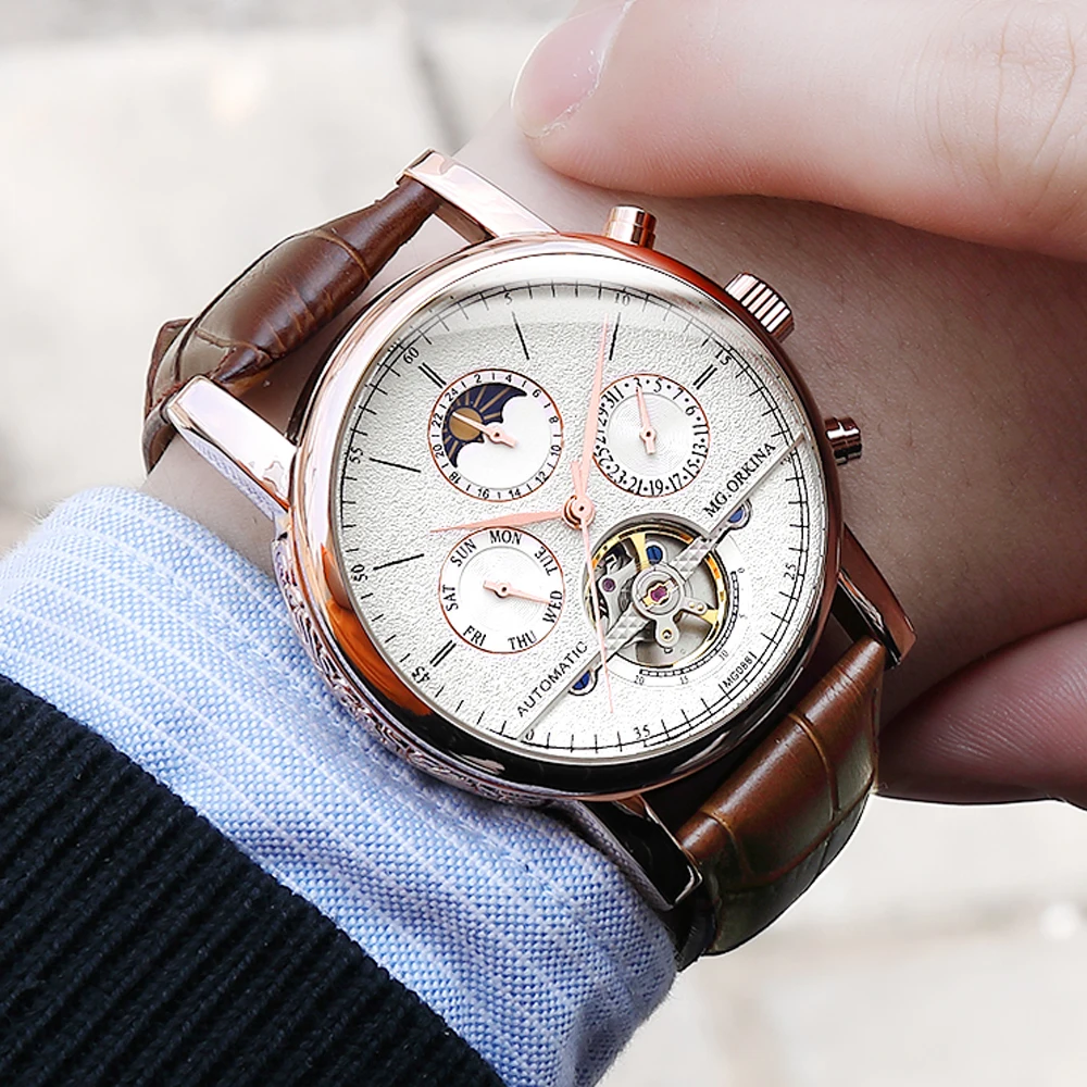

New Fashion Moon Phase Mens Watches Top Brand Luxury Skeleton Watch Men Sport Leather Tourbillon Automatic Mechanical Wristwatch