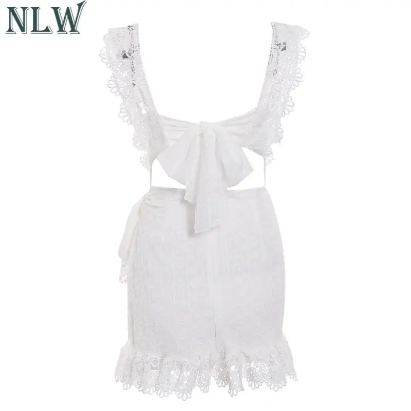 NLW, Сексуальное Кружевное облегающее платье, летнее, белое, с бантом, с открытой спиной, вечерние, мини-платье,, Пляжное, Elegnat, открытое, короткое платье, Vestidos